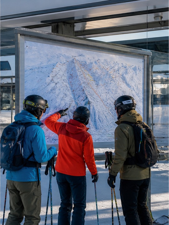 Skiers studying a piste map at a mountain lift station