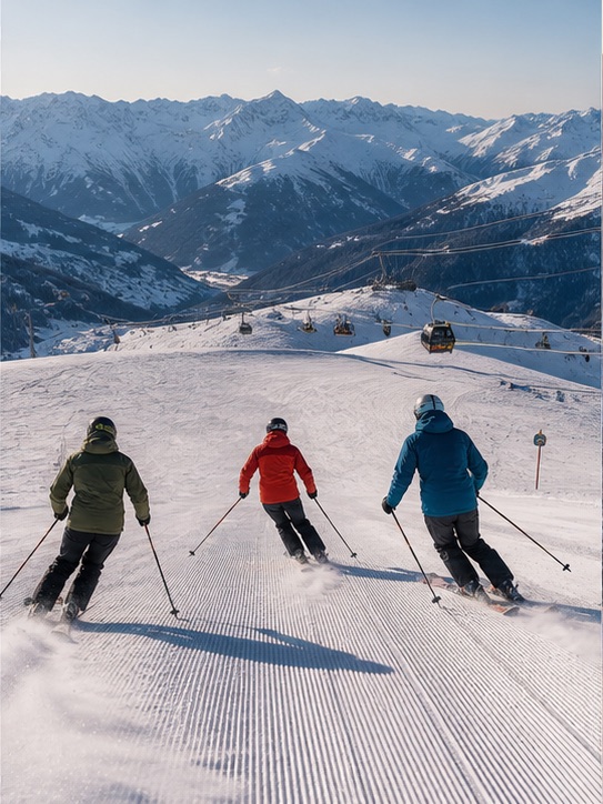 Skiers travelling across a broad linked Alpine domain