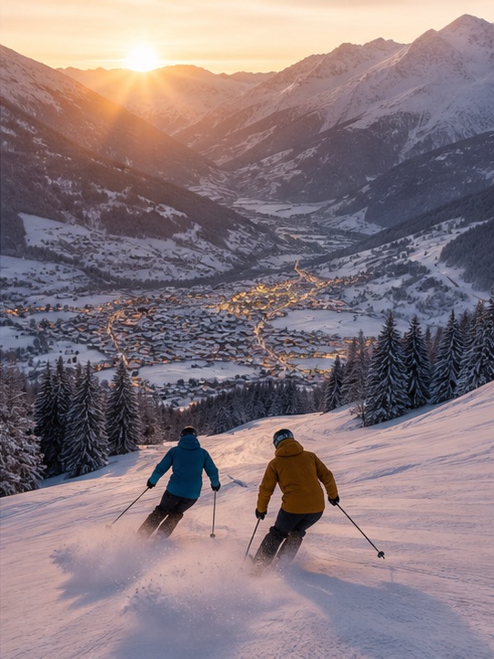 Skiers finishing an afternoon descent above an Alpine village