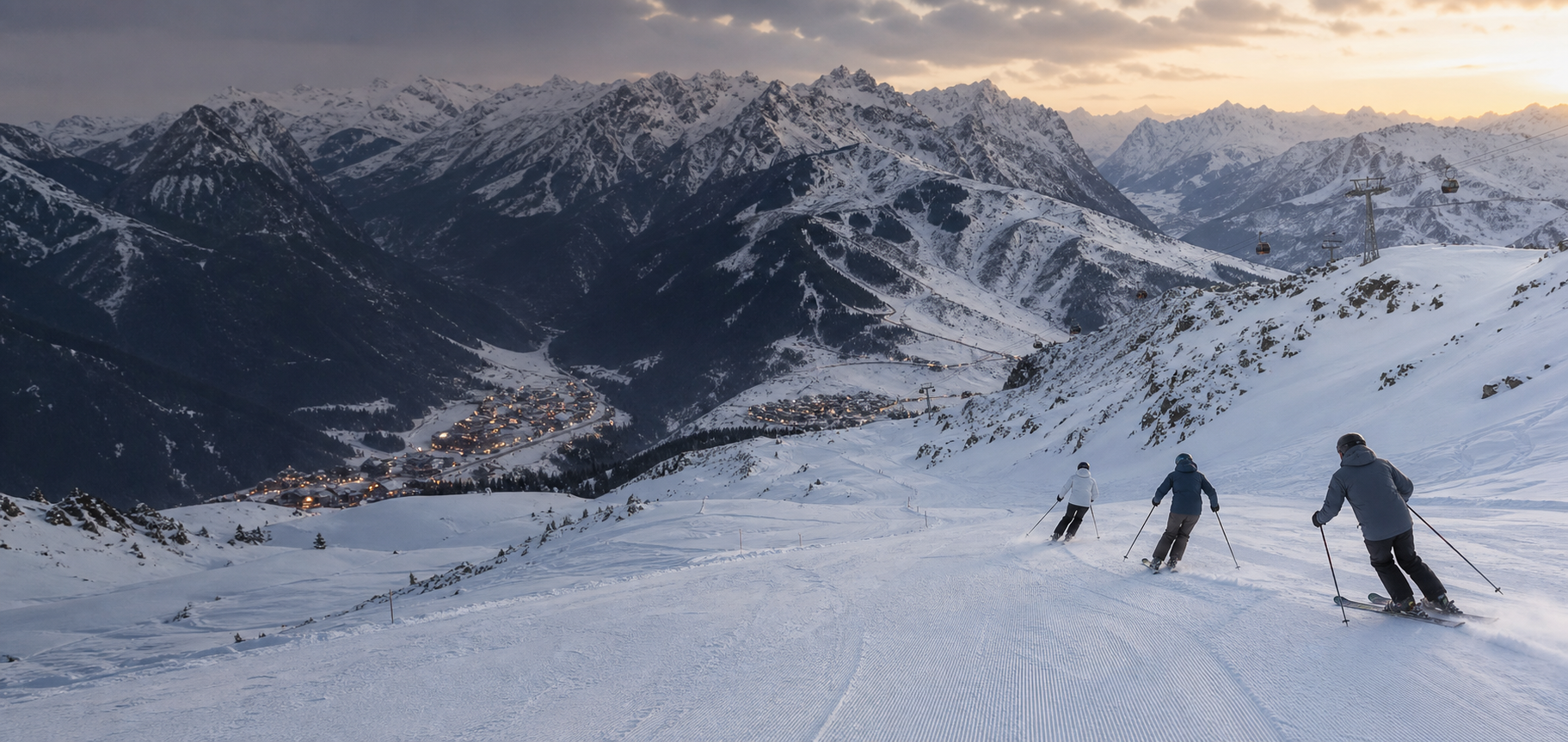 Skier descending through high Alpine terrain