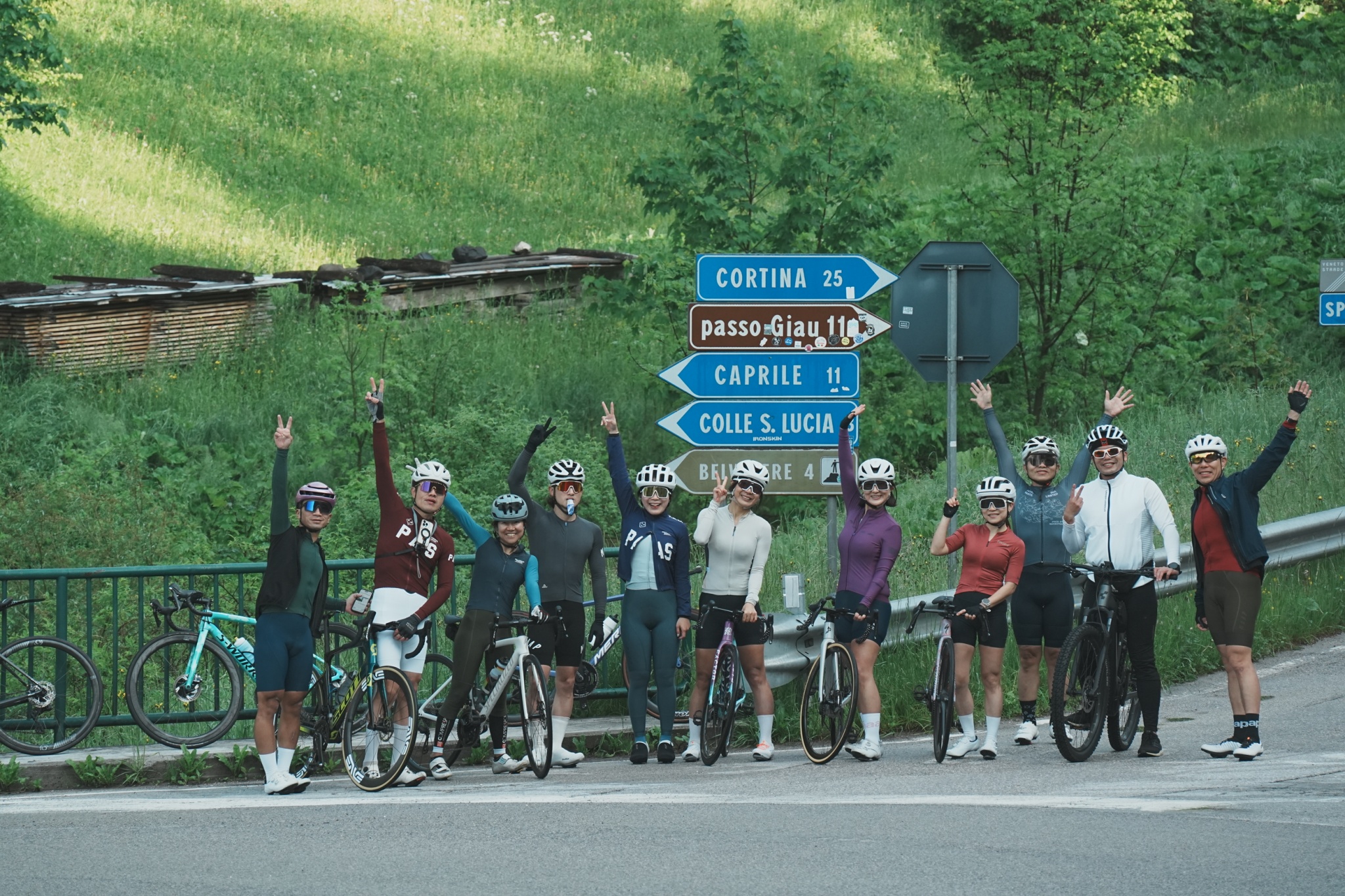 Cycling group celebrating beside the Passo Giau road signs