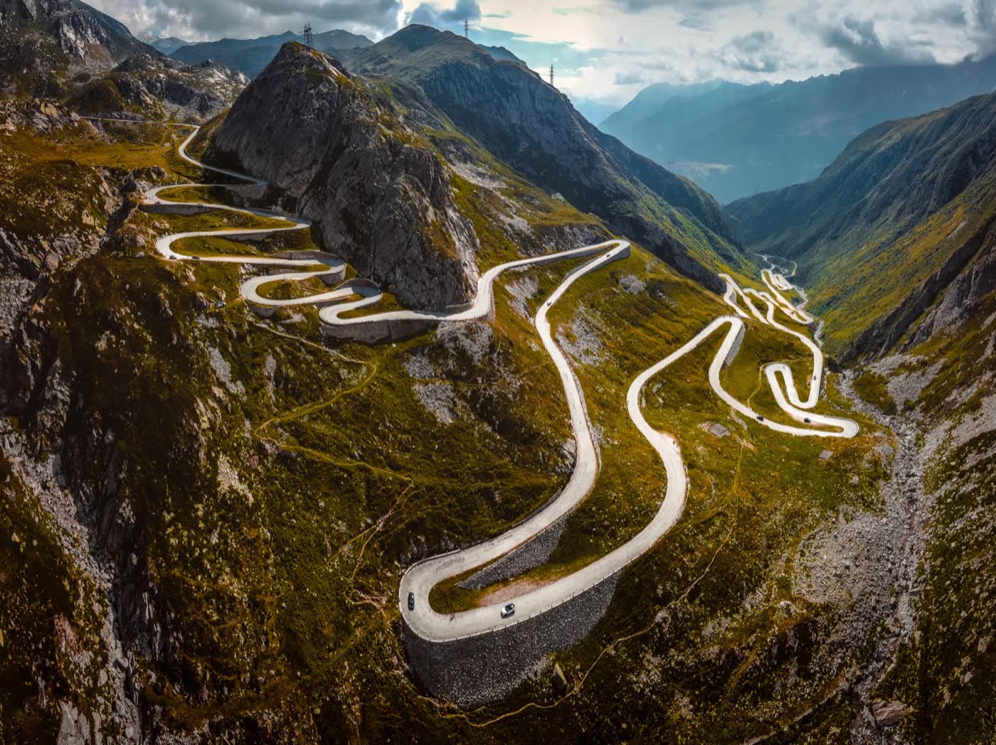 The cobbled Tremola road winding up the Gotthard Pass