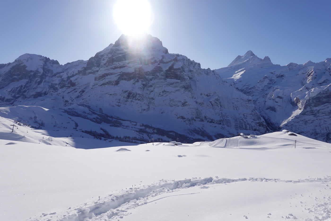 Snowy Jungfrau peaks rising above the valley