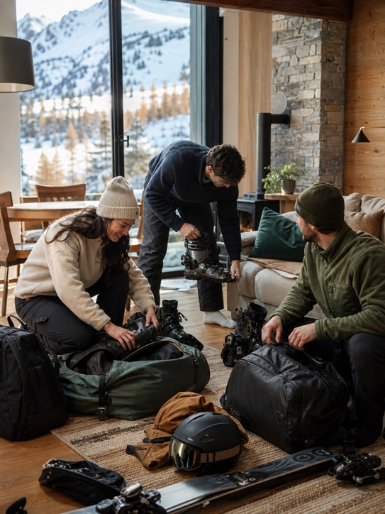 Skiers travelling through a quiet winter landscape