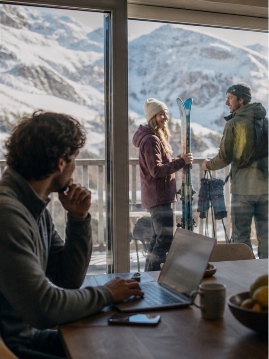 Remote worker choosing between work and a mountain day