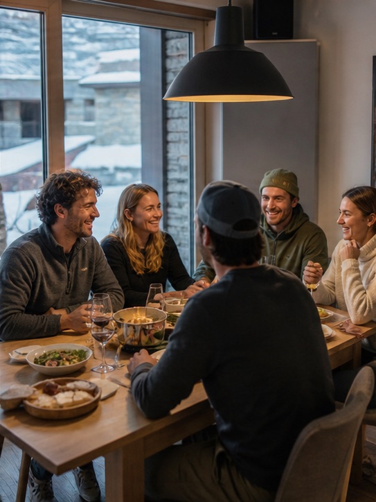 Long-stay ski friends sharing dinner after a mountain day