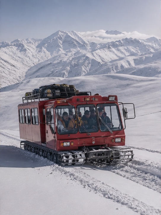 Passenger snowcat crossing remote Central Asian mountains