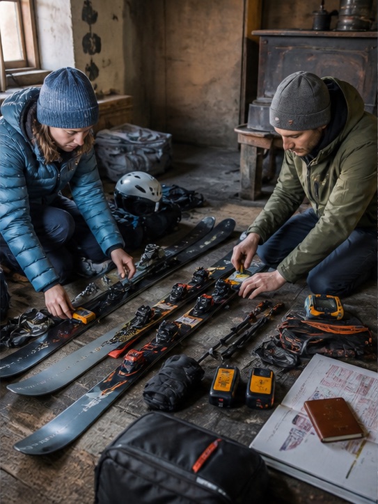 Travellers preparing skis and mountain safety equipment