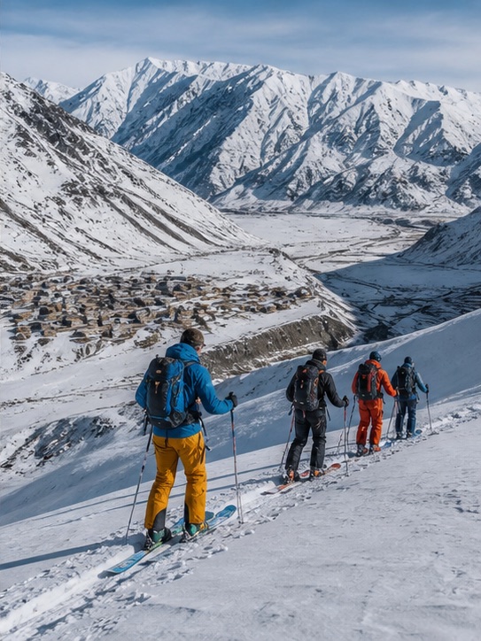 Skiers following a local guide through remote mountain terrain