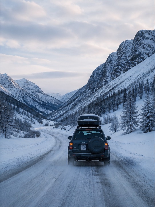 Vehicle travelling through a snowy Alpine valley
