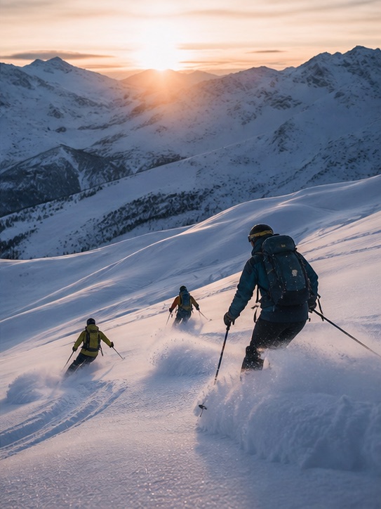 Skiers descending fresh mountain snow at dawn