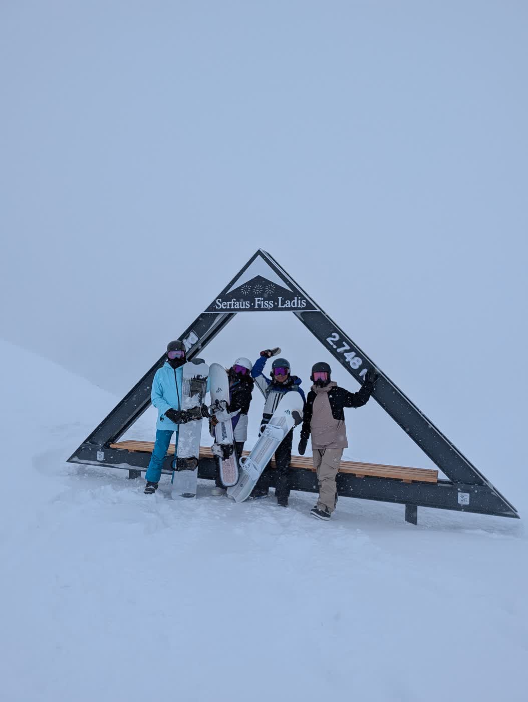 Ski group beneath a mountain landmark in Serfaus-Fiss-Ladis