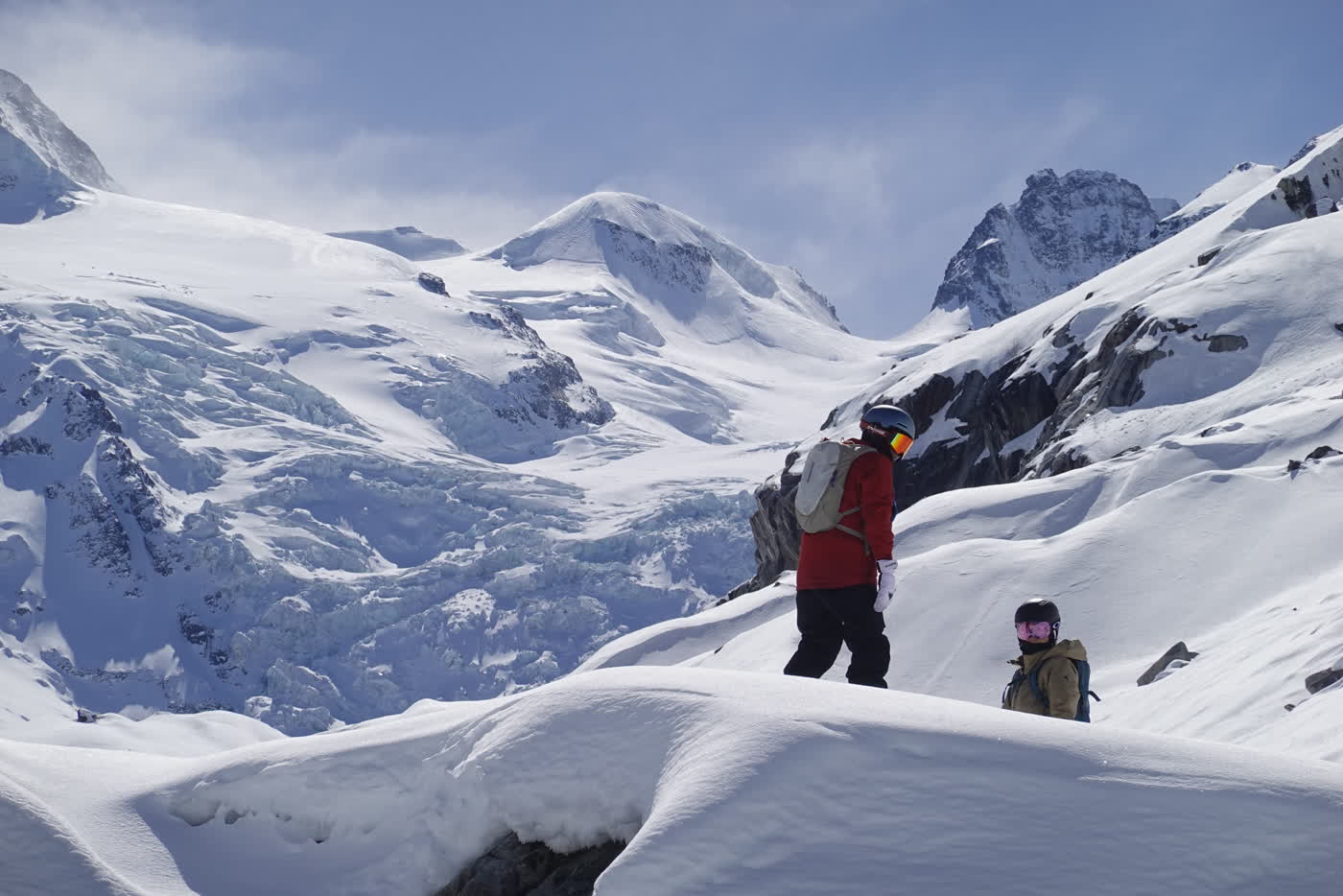 Ski group in mountain terrain near St. Moritz